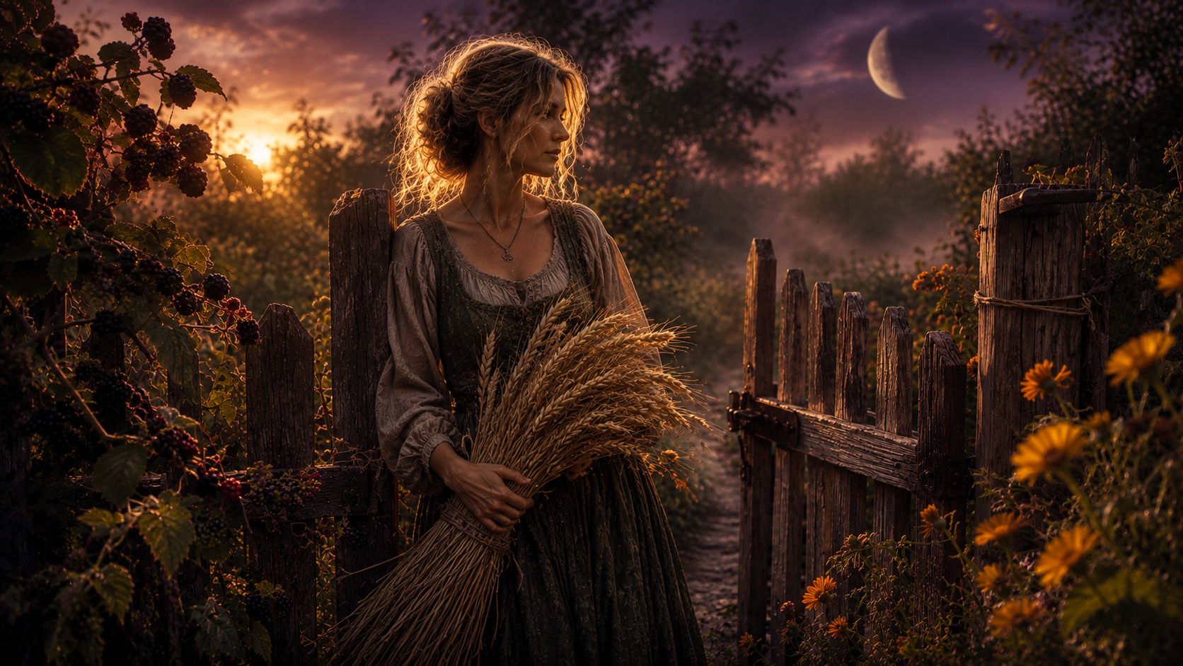 Woman gathering herbs at dusk under a crescent moon, honoring Virgo season herbalism and the harvest maiden